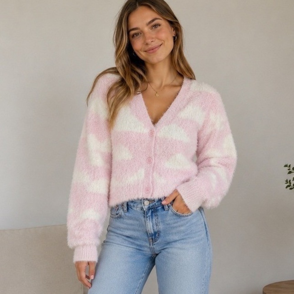 Hot Topic Sweet Society Fuzzy Pink White Striped Cropped Cardigan XL